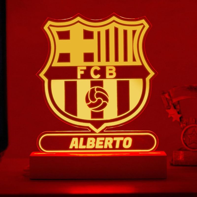Lámpara Personalizada BARCELONA. Regalos Originales Cumpleaños Infantiles. Regalos. Diseño Escudo FCB de Metacrilato y Madera